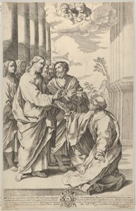 Cristo entregando las llaves de la iglesia a San Pedro que se arrodilla ante él, después de Guido..., 1640-70 de Gian Battista Bolognini