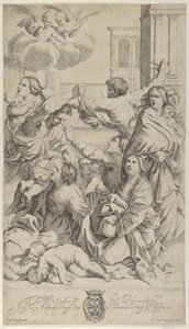 Masacre de los inocentes, grupo de mujeres y niños siendo atacados, dos ángeles, ca. 1640-70 de Gian Battista Bolognini