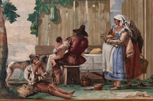 Familia campesina a la mesa, de la sala de escenas rústicas, en la Foresteria (Casa de huéspedes) 1757 (fresco) de Giandomenico  Tiepolo