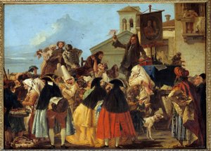 Un dentista sacando un diente y mostrándolo como un trofeo en el Carnaval de Venecia de Giovanni Domenico Tiepolo
