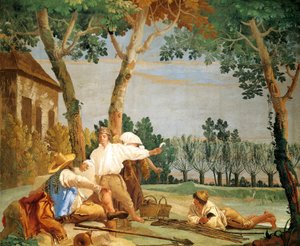 Campesinos descansando, de Giandomenico Tiepolo (1727-1804), fresco, Sala de Escenas Rústicas de la Foresteria, Villa Valmarana "Ai Nani", Vicenza, Italia.