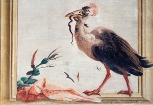 Un casuario sosteniendo una serpiente en su pico, de la Sala China en la Foresteria, 1757