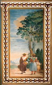 Tres campesinos vistos desde atrás, de la Sala de Escenas Rústicas, en la Foresteria, 1757 de Giovanni Domenico Tiepolo