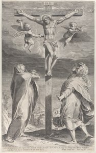 Crucifixión con la Virgen María y San Juan Evangelista, ángeles arriba, ca. 1593