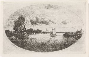 Vista al río con un velero de Gijsbertus Johannes Verspuy