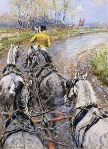 "El camino del rey", estudio desde el asiento del cochero del viejo coche de Berkeley; El caballo de batalla llevándonos por Reigate Hill