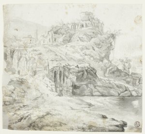 Promontorio rocoso con ruinas y cascadas (anverso); Boceto de acantilado con edificios (reverso) de Giles Edme Petit
