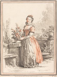 Una joven de pie en un parque de Gilles Antoine Demarteau after Jean Baptiste Le Prince