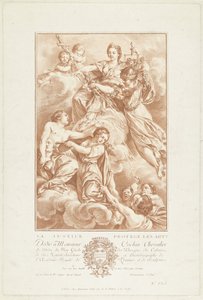 Alegoría con Justitia como patrona de las artes. La Justice protegida les arts (título sobre objeto) de Gilles Demarteau