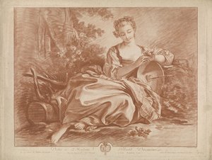 mujer joven, sentado, con, escudo, en, el, cual, un, corazón, perforado, por, flecha