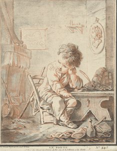 Niño como poeta en el trabajo en interior Le poete (título sobre objeto) de Gilles Demarteau