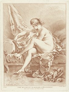 mujer desnuda, sentado, cama, con, flores de Gilles Demarteau