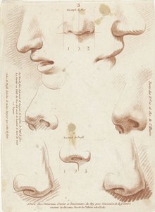 Hoja de estudio con narices y bocas. Libros de principios de diseño (título de la serie) de Gilles Demarteau