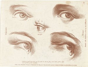 Hoja de estudio con ejemplos de ojos. Libros de principios de diseño (título de la serie) de Gilles Demarteau