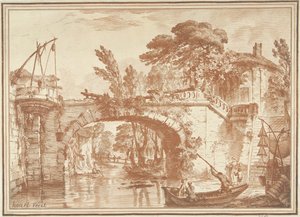 Paisaje del sur con puente y casas junto al río de Gilles Demarteau