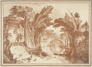Paisaje del sur con casas junto al río de Gilles Demarteau