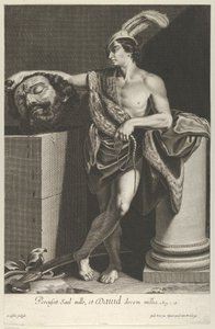 David de pie con las piernas cruzadas y sosteniendo la cabeza de Goliat en un pedestal, ca. 1635-45