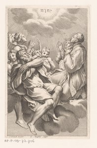Grupo de hombres y mujeres en las nubes en adoración al Tetragrámaton de Gilles Rousselet