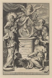 Figuras bíblicas revelan el retrato de Moisés Portada de Wilhelmus Goeree, Preparaciones para la sabiduría bíblica y el uso de historias sagradas y eclesiásticas, 1690 de Gilliam van der Gouwen