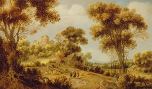 Un extenso paisaje boscoso con Cristo en el camino a Emaús, c.1609-29