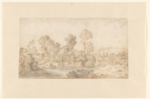 Paisaje de colinas con árboles altos a lo largo de un río de Gillis Claesz de Hondecoeter