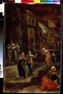 ""Street scene at night"" (Escena nocturna en un pueblo) Habitantes de una ciudad de Holanda que parecen huir de una amenaza, corren y buscan refugio en las casas, impresión de miedo y angustia. Pintura de Gillis Mostaert (1534-1598) Lviv, Museo de B de Gillis Mostaert