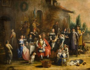 Fiesta de caza fuera de una posada de Gillis van (follower of) Tilborgh