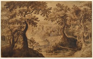 Paisaje de madera con vista de Gillis van III (circle of) Coninxloo