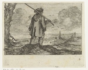 Paisaje de dunas con un hombre, con un bastón al hombro. Playas de Verscheyden y vistas al agua realizadas por Jan Percelles (título de la serie)