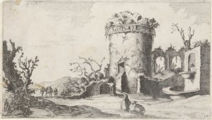 Fuente en ruinas con una torre redonda Doce paisajes (título de la serie) de Gillis van Scheyndel (I)