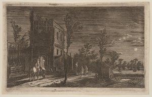 Figuras junto a una torre derruida: Nocturno a la luz de la luna, de Seis paisajes de Gillis van Scheyndel