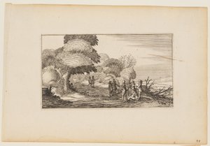 Hombres con mosquetes en un camino que atraviesa un bosque, de Doce paisajes con figuras de Gillis van Scheyndel