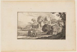 Camino a la izquierda del complejo de edificios amurallados entre árboles, de Doce paisajes con figuras de Gillis van Scheyndel