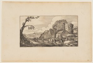 Camino a la izquierda de una granja dominada por una torre redonda, de Doce paisajes con figuras de Gillis van Scheyndel