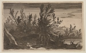 Jinetes en un camino arbolado a la izquierda del estanque, de Six Landscapes de Gillis van Scheyndel