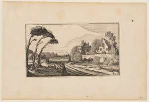 Camino a la izquierda de una casa de campo amurallada, de Doce paisajes con figuras de Gillis van Scheyndel