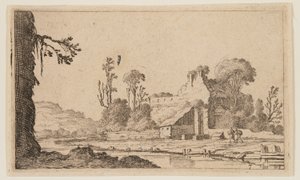 Ruinas transformadas en granja a orillas de un río, de Doce paisajes de Gillis van Scheyndel