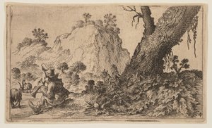 Pastor tocando una flauta dulce a un rebaño de cabras, de Doce paisajes de Gillis van Scheyndel