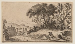 Viajero en un camino ante tres árboles en una loma a la derecha, de Doce paisajes de Gillis van Scheyndel