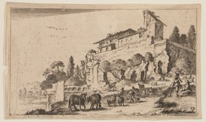 Villa con ruinas en una elevación a la derecha del río, de Doce paisajes de Gillis van Scheyndel