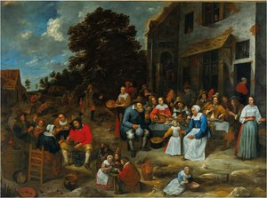 Una compañía festejando fuera de una taberna de Gillis van Tilborgh