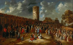 Una competición de tiro con arco fuera de las murallas de una ciudad de Gillis van Tilborgh