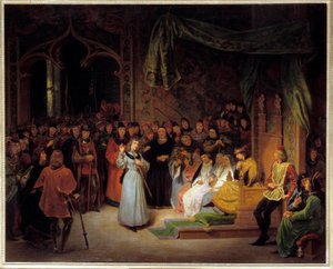 Juana de Arco ante el rey Carlos VII en Chinon, respondiendo a los prelados que la interrogan, febrero de 1429. Pintura de Gillot Saint-Evre de Gillot Saint Evre