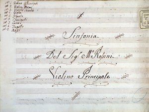 Detalle de la primera página de la partitura musical para violín de una sinfonía de Gioacchino Rossini de Gioachino Rossini