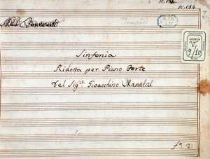 Partitura para la sinfonía reducida para piano de Tancredi, ópera de Gioacchino Rossini