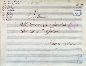 Página del título de la partitura de violín para sinfonía en La Cenicienta, o la Bondad Triunfante de Gioacchino Rossini