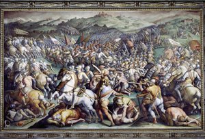 Batalla de Scannagallo en Valdichiana (Val di Chiana). Fresco de Giorgio Vasari y su taller (1511-1574). Palazzo Vecchio (Salón del Cinquecento) de Giorgio (and workshop) Vasari