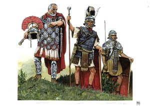 Antigua Roma: un centurión, un optio (mensajero entre centuriones y decuriones) y un legionario. Siglo II de Giorgio Albertini