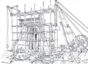 Antigua Roma: reconstrucción de una obra de construcción de un arco en el siglo I d.C. Los obreros izan los bloques de mármol con andamios y poleas. Ilustración de Giorgio Albertini. (La utilización de las obras de este autor no está sujeta a una solicitud de Giorgio Albertini