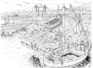 Antiquite: el transporte por barco de mármol probablemente de las canteras de Carrara (Carrara). Siglo II después de JC Italia Ilustración de Giorgio Albertini. (La utilización de las obras de este autor no está sujeta a la solicitud de autorización de un  de Giorgio Albertini